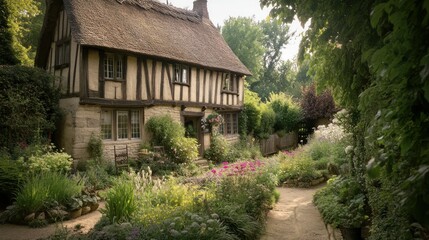 A picturesque country cottage surrounded by a lush vibrant garden
