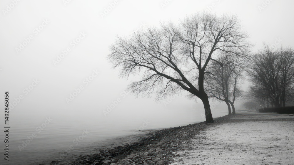 Poster Trees on a shore obscured by dense atmospheric fog