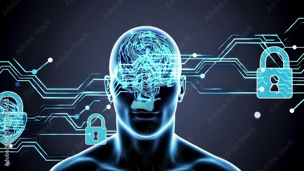 Poster Complex network of digital circuits and padlocks safeguards human brain activity, symbolizing data protection and secure information processing within a secure digital environment