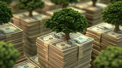 Eco-friendly financial stability symbolized by organized stacks of money with trees