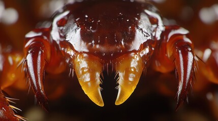 Close-up view of a segmented insect's head and mandibles.