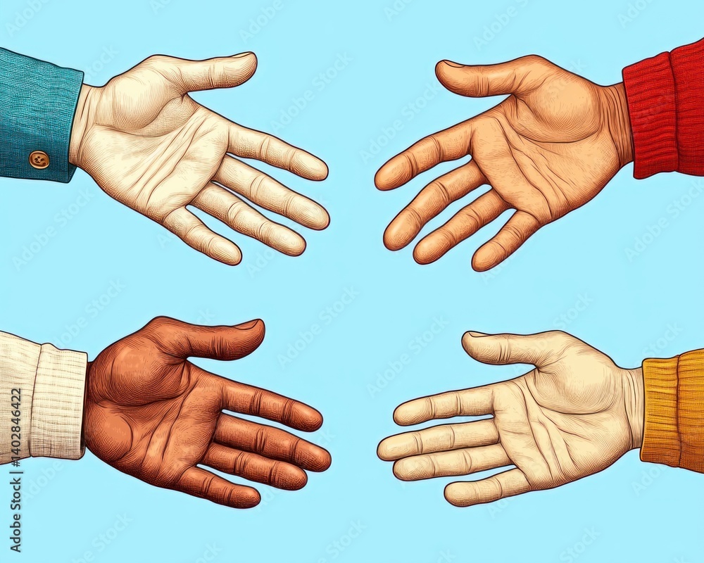 Poster four diverse hands reach towards each other in a gesture of unity and collaboration against a light 