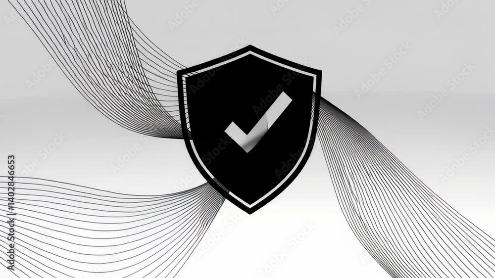 Poster Security shield with check mark icon animates against a backdrop of flowing abstract lines, symbolizing digital security, data protection, and secure login