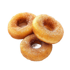 Three cinnamon donuts stacked on transparent background