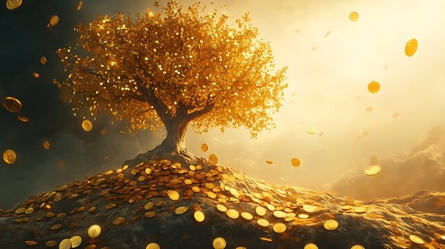 Fantasy tree with golden coins as foliage standing tall in a glowing landscape wealth and abundance