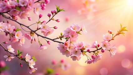 Fototapeta premium Delicate pink blossoms gracefully adorn a branch, bathed in the warm glow of a setting sun, creating a breathtaking springtime scene of serene natural beauty.