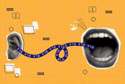 Female mouth screams in ear in halftone style,with phrase bla on ribbon,trendy collage design