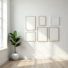 A clean and elegant white wall featuring a selection of blank gallery frames in various shapes and sizes, modern interior, wall decoration