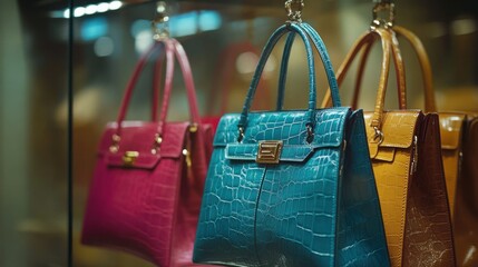 Three stylish leather handbags displayed in a retail store.