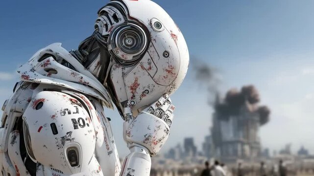In the backdrop are a modern white robot and a destroyed city. 