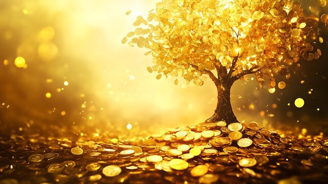 Bountiful golden tree with coins as leaves radiating a soft glow endless financial success concept