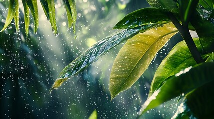Close-up of vibrant green leaves glistening with water droplets in a lush rainforest under soft sunlight, creating a serene and refreshing atmosphere