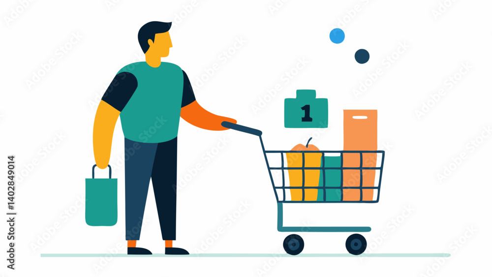 Poster grocery shopping a shopper pushes a grocery cart with one arm while using a bionic hand to scan item