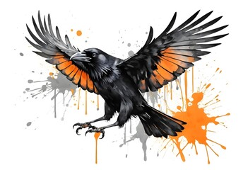 Fototapeta premium Majestic Raven in Flight with Orange Watercolor Splashes