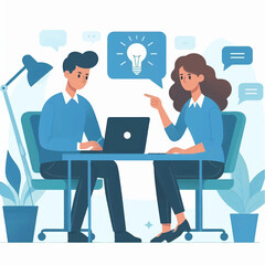 Two people brainstorming at a shared desk in a minimal productivity workspace. Flat vector with bold color contrast and simple composition.