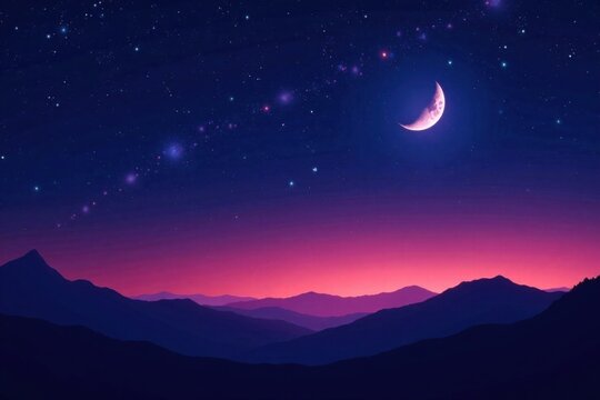 Dark vastness of the night sky with twinkling stars and a bright crescent moon, darkness, nebula, astronomy