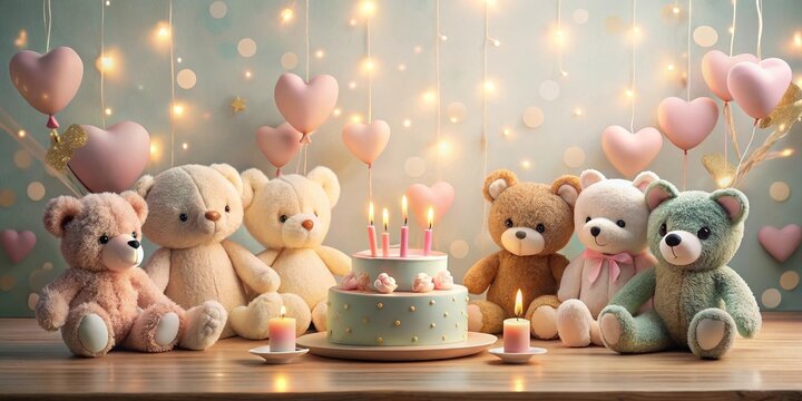 Adorable plush bears celebrate a festive occasion with a delightful birthday cake and enchanting heart-shaped balloons