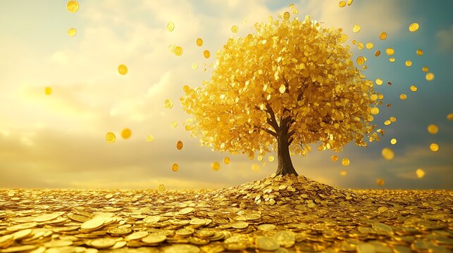 Elegant tree with golden coin leaves shedding wealth onto the ground infinite success concept