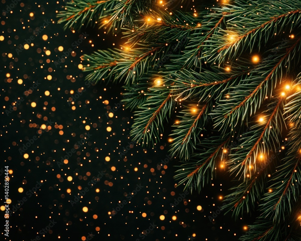 Poster a lush evergreen fir branch adorned with warm golden lights sparkles against a dark background perfe