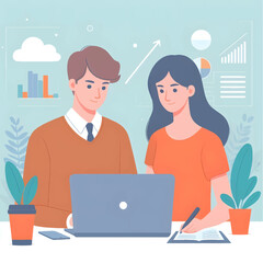 Two people brainstorming at a shared desk in a minimal productivity workspace. Flat vector with bold color contrast and simple composition.