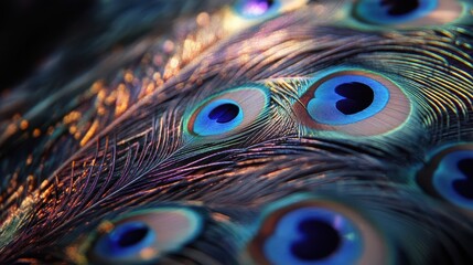 A close-up view of vibrant peacock feathers. © Hungarian