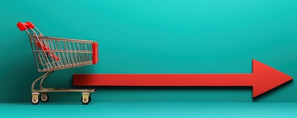 A red arrow points right beside a small shopping cart on a teal background symbolizing consumer purchasing and growth.
