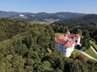 Fototapeta premium Aerial overview and landscape of Bogensperk Castle, Slovenia