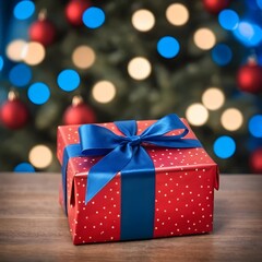 Red Gift Box with Blue Ribbon on Wooden Table, Christmas Tree Lights Background