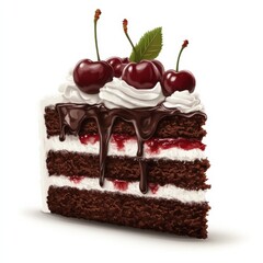 A thick slice of black forest cake with layers of chocolate cake, whipped cream, and cherries