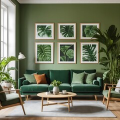 Green Living Room Interior with Monstera Leaf Artwork