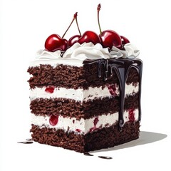 A thick slice of black forest cake with layers of moist chocolate cake, cherries, whipped cream
