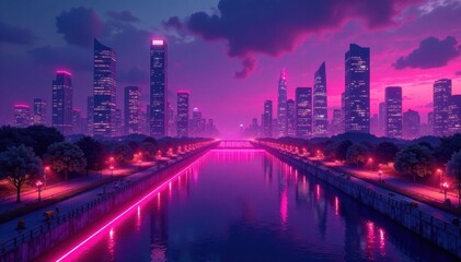 Neon pink & purple cityscape at night Glowing futuristic architecture , texture, pattern, skyscraper
