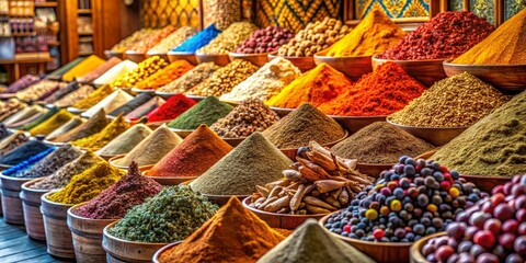 Aromatic Spice Market Abundance Colorful Piles of Ground Spices and Herbs in Wooden Bowls