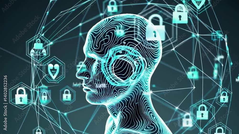 Aufkleber Glowing lines outlining a human head rotating slowly, surrounded by digital icons of padlocks and networks, representing digital security and encryption