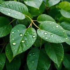Dew Drops on Lush Green Leaves