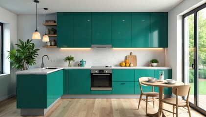 Sleek teal kitchen cabinets, quartz counters, stainless appliances, pendant lights, faucet