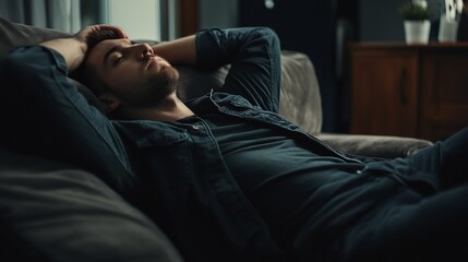 Fototapeta premium Man resting on a sofa in a relaxed position in a dark indoor environment