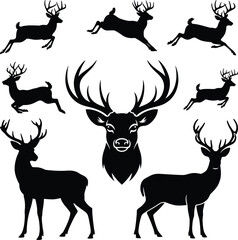 Deer Silhouette Icon set with Antlers, Isolated Vector Graphic