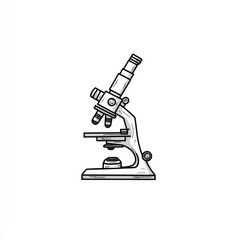 Simple illustration of a vintage microscope.  Detailed line drawing of a classic microscope, showing all major components like the eyepiece, lenses, stage, and base. 