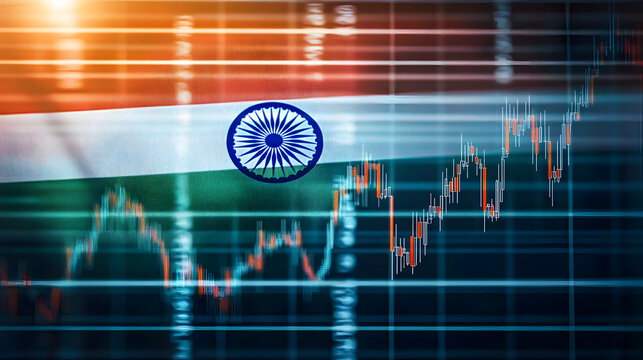 Indian flag with stock market graph symbolizes economic growth and financial trends. - Powered by Adobe