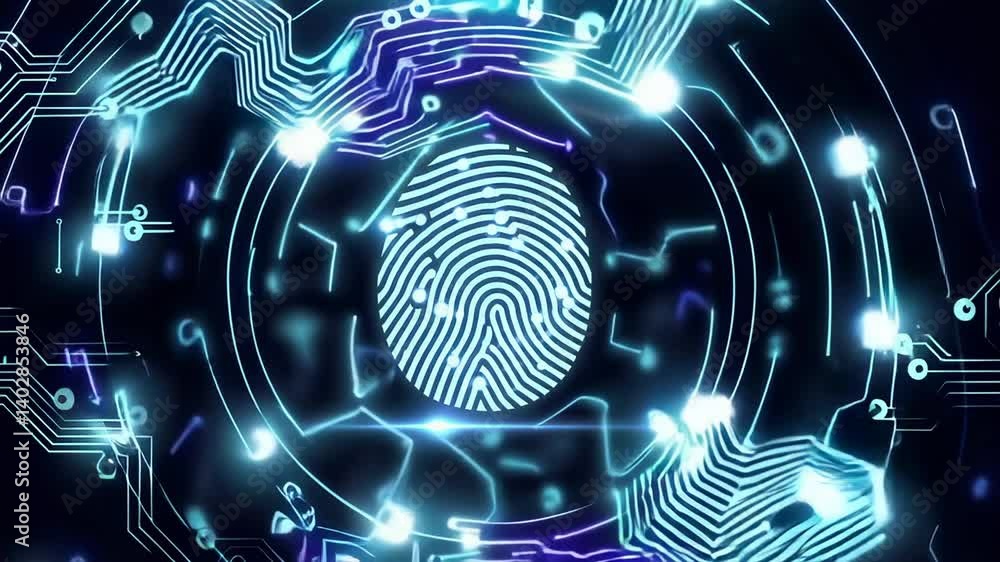 Aufkleber Light blue fingerprint glowing inside a printed circuit board with data transferring, representing digital security and biometric authentication