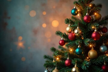 Christmas tree with twinkling lights and ornaments, bow, wreath