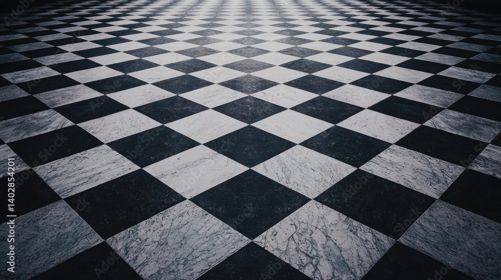 Poster a checkered floor with a black and white pattern.