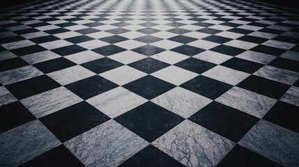 A checkered floor with a black and white pattern.