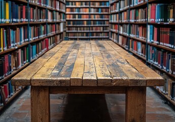 A rustic wooden table in a library, surrounded by colorful books on shelves. Ideal for academic or study themes. copy space, 300dpi, commercial use