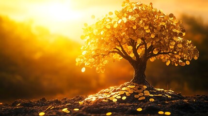 Thriving wealth tree with golden coins as leaves radiating prosperity and success