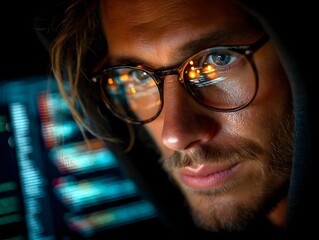 Eyes on Code: A concentrated individual, with glasses and hood, examines a display of digital code, capturing the essence of modern technology. 