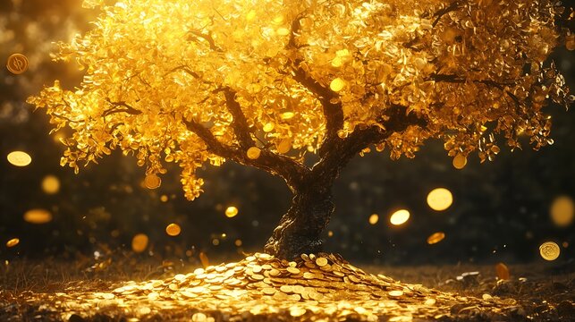 Thriving wealth tree with golden coins as leaves radiating prosperity and success