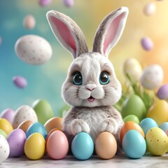 Cute Easter Bunny with Colorful Eggs