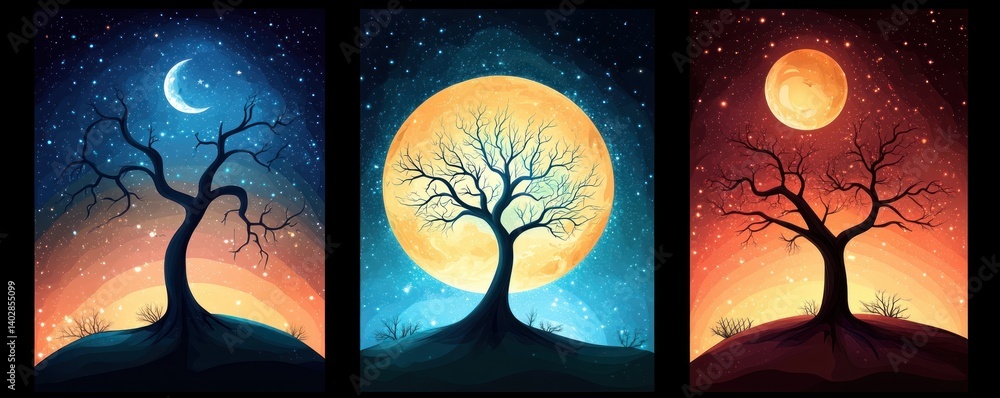 Poster a triptych painting showcases a bare tree silhouetted against three different moons a crescent moon 